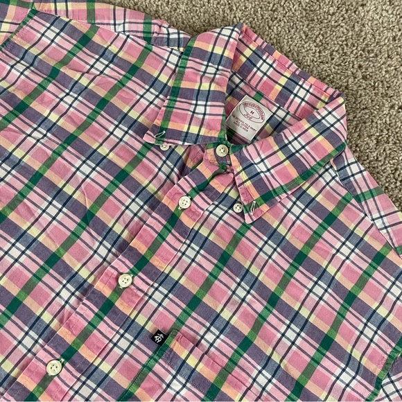 Brooks Brothers Button Front Shirt Short Sleeve Men's M Plaid Green Pink Blue E4 - Picture 1 of 8